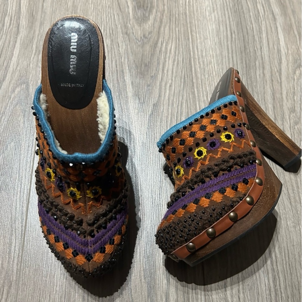 Miu Miu Brown Embroidered Wool-Trim Studded Mules with Purple & Blue Accents